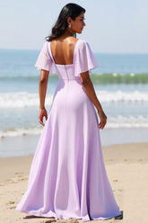 Lila Chiffon A Linie Langes Brautjungfernkleid